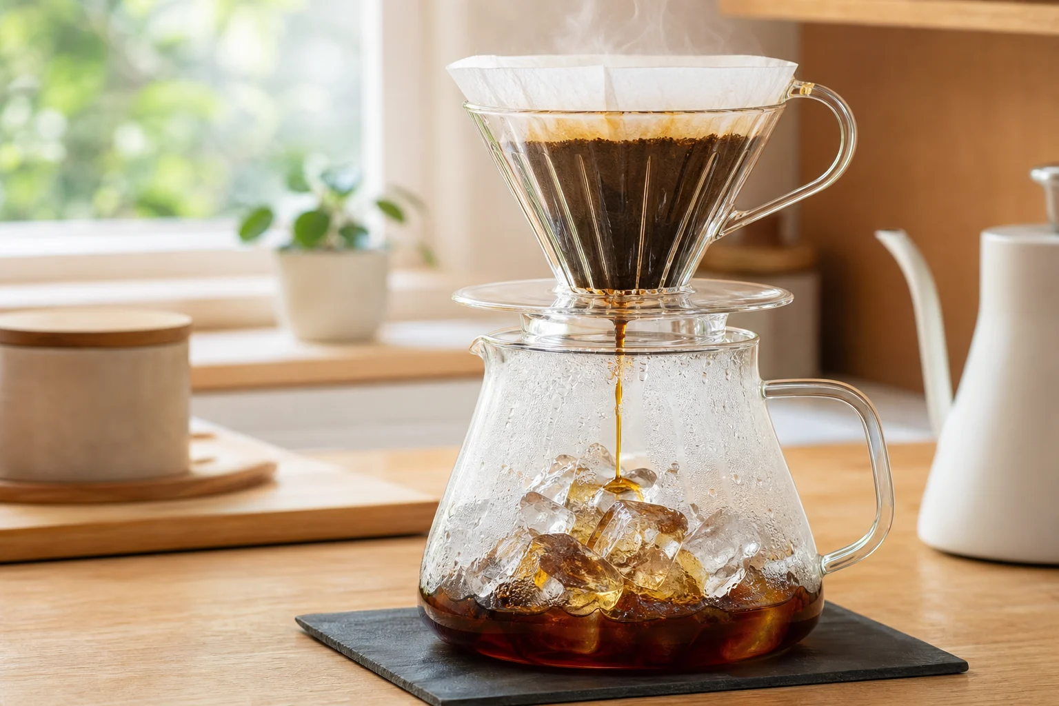氷を入れたサーバーへ直接ドリップする急冷式アイスコーヒー