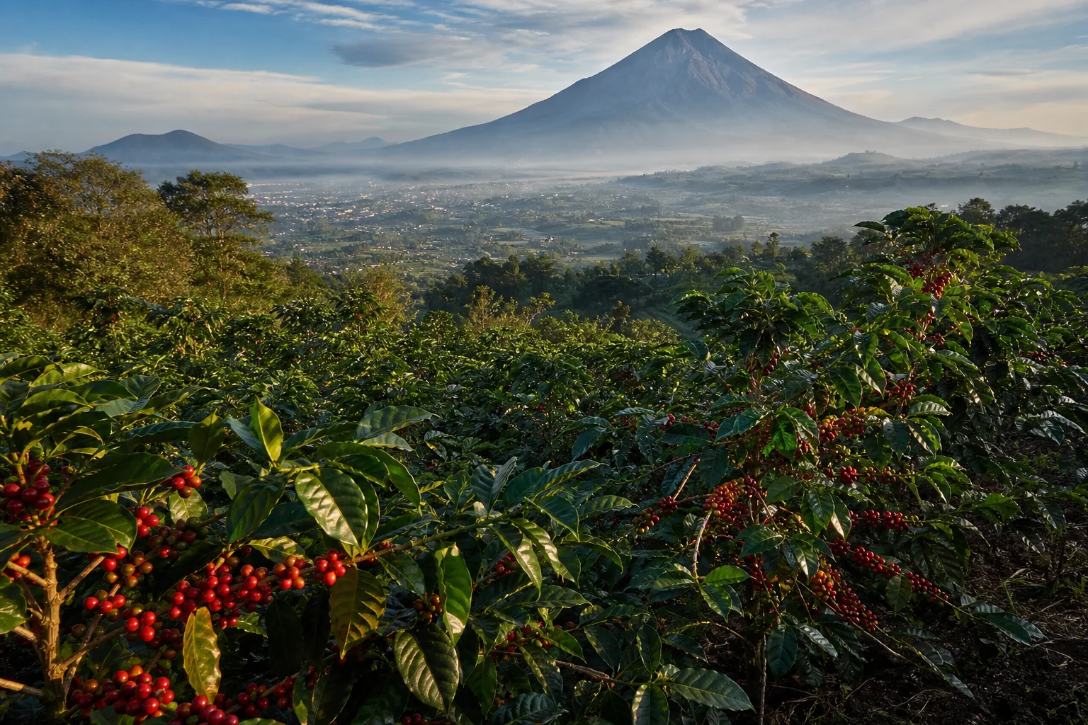 火山のふもとの高地に広がるグアテマラのコーヒー農園