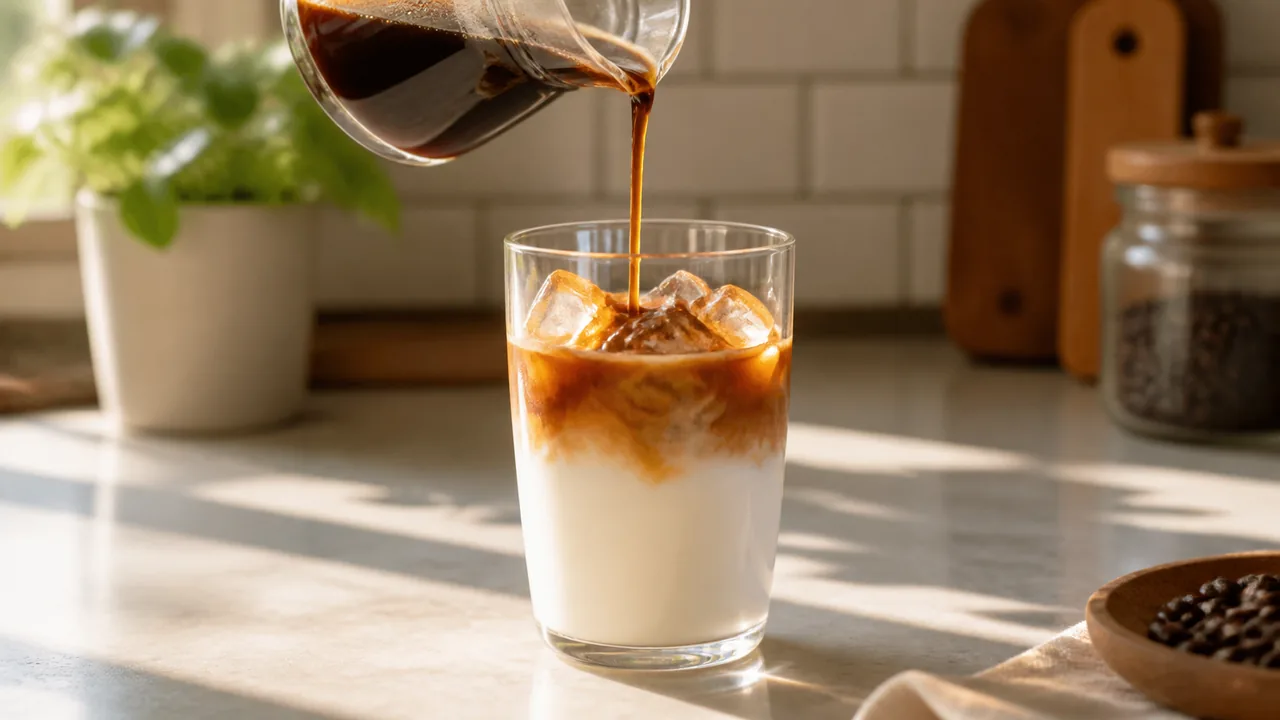 氷に当てながらコーヒーを注いで2層を作る