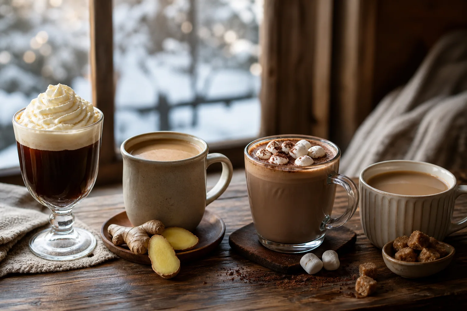 ウインナーコーヒー、ジンジャー、モカ、黒糖カフェオレの4種