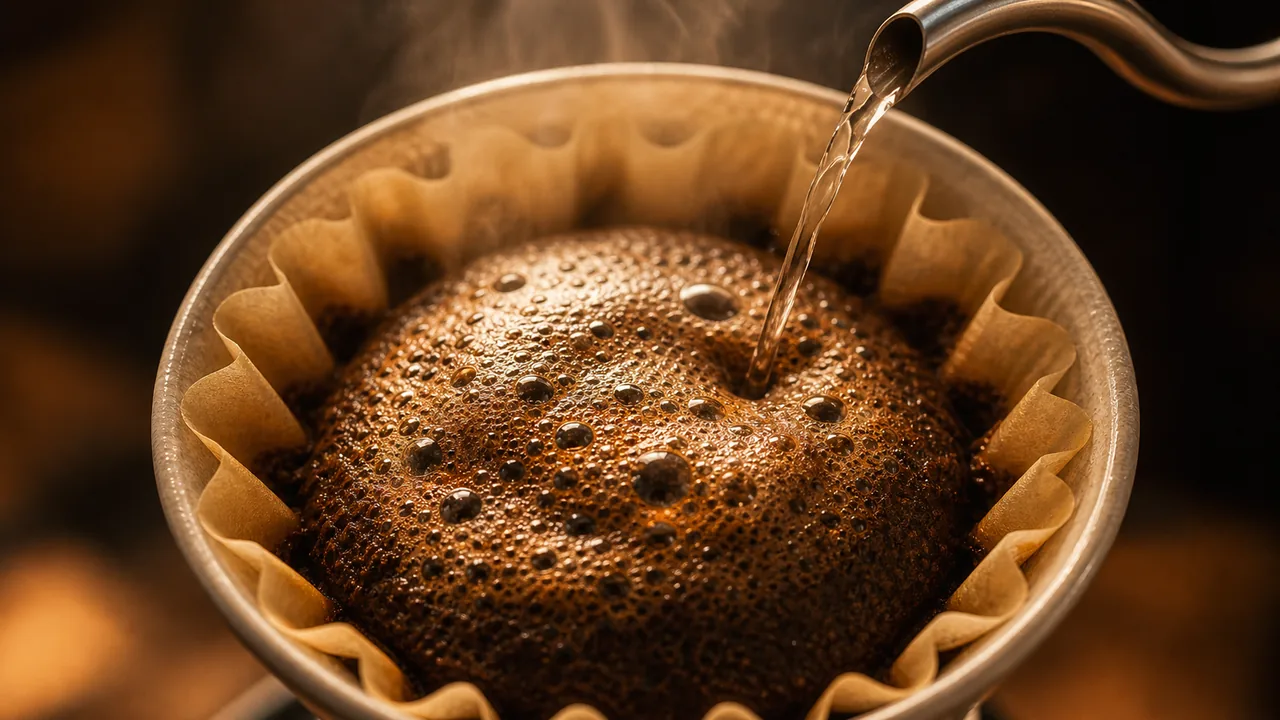 ドリッパーの中で膨らむコーヒー粉
