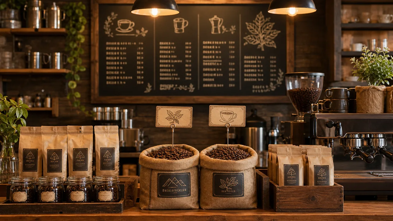 シングルオリジンとブレンドが並ぶコーヒー店の棚