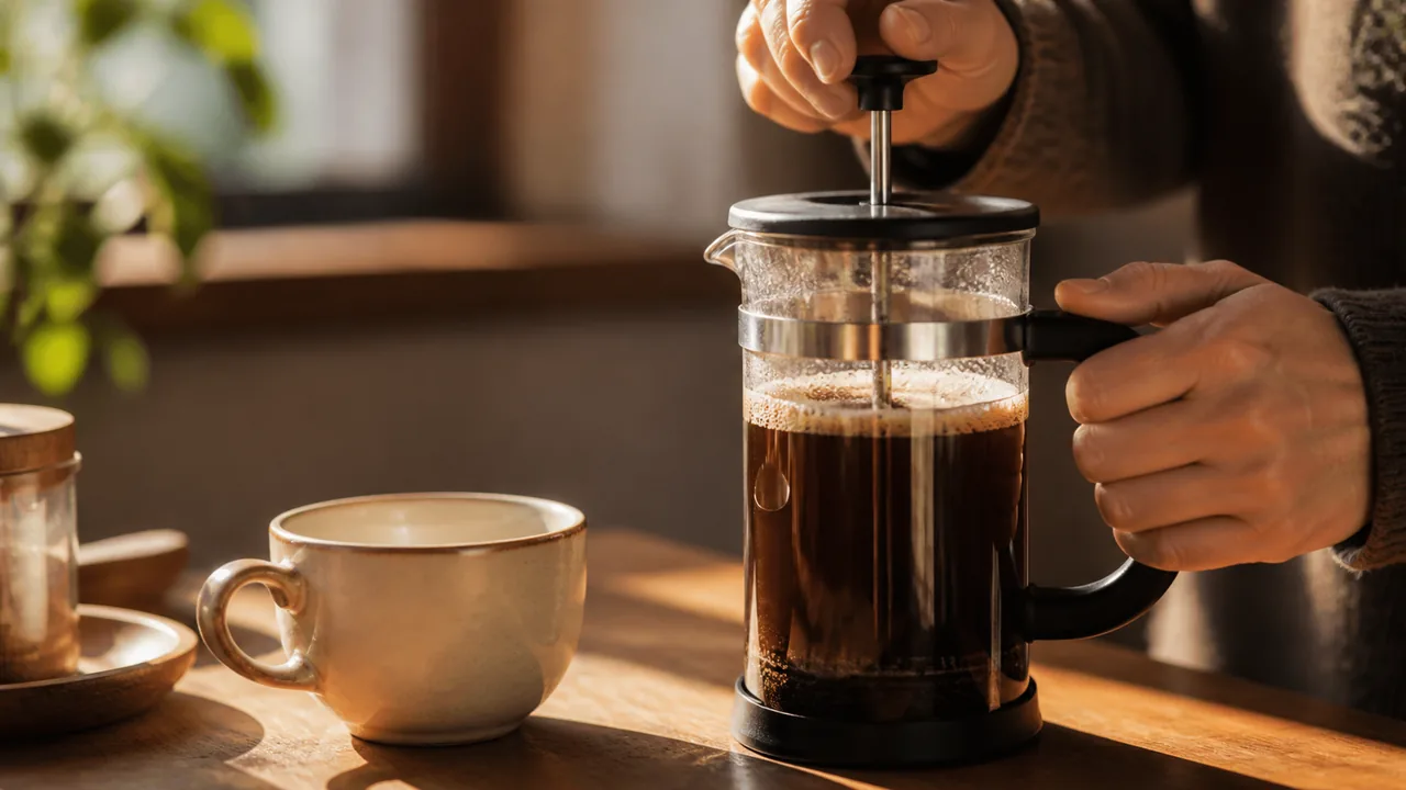 フレンチプレスでコーヒーを淹れる様子