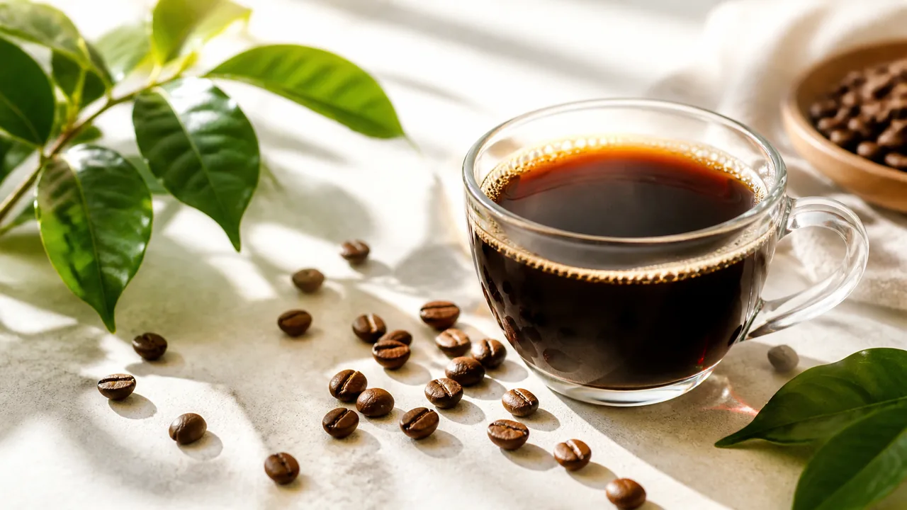 ガラスカップのブラックコーヒーとコーヒーの葉