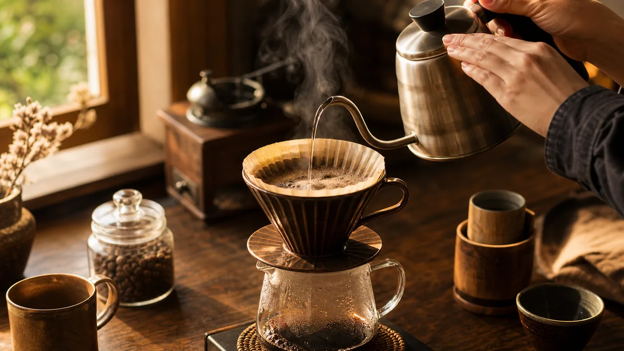 ペーパードリップでコーヒーを淹れている様子